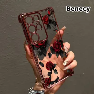 Phone Case Compatible with Samsung Galaxy S23 Ultra S24 Plus S25 S22+ FE Edge Elegant Red Roses Pattern Transparent Full Lens Protector Anti-slip Protective Cover