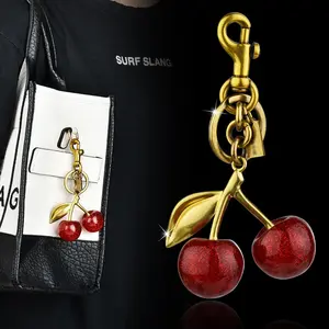 Cute Cherry Design Keychain Fashion Metal Unisex Trendy Versatile Perfect Birthday Gift Stylish Keychain with Gold Accents