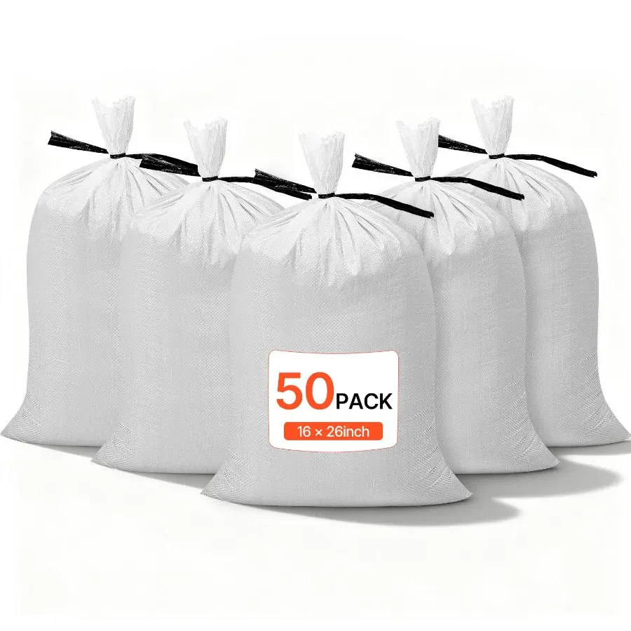 【Summerfinds】Father's Day Gift Woven Polypropylene Heavy-Duty Empty Sand Bags Set (50-Pack, 16x26 in) - 1600-Hour UV-Resistant, 50Lbs Capacity, With Tie Strings, Flood Prep Building Supplies Weaving Trash Bags