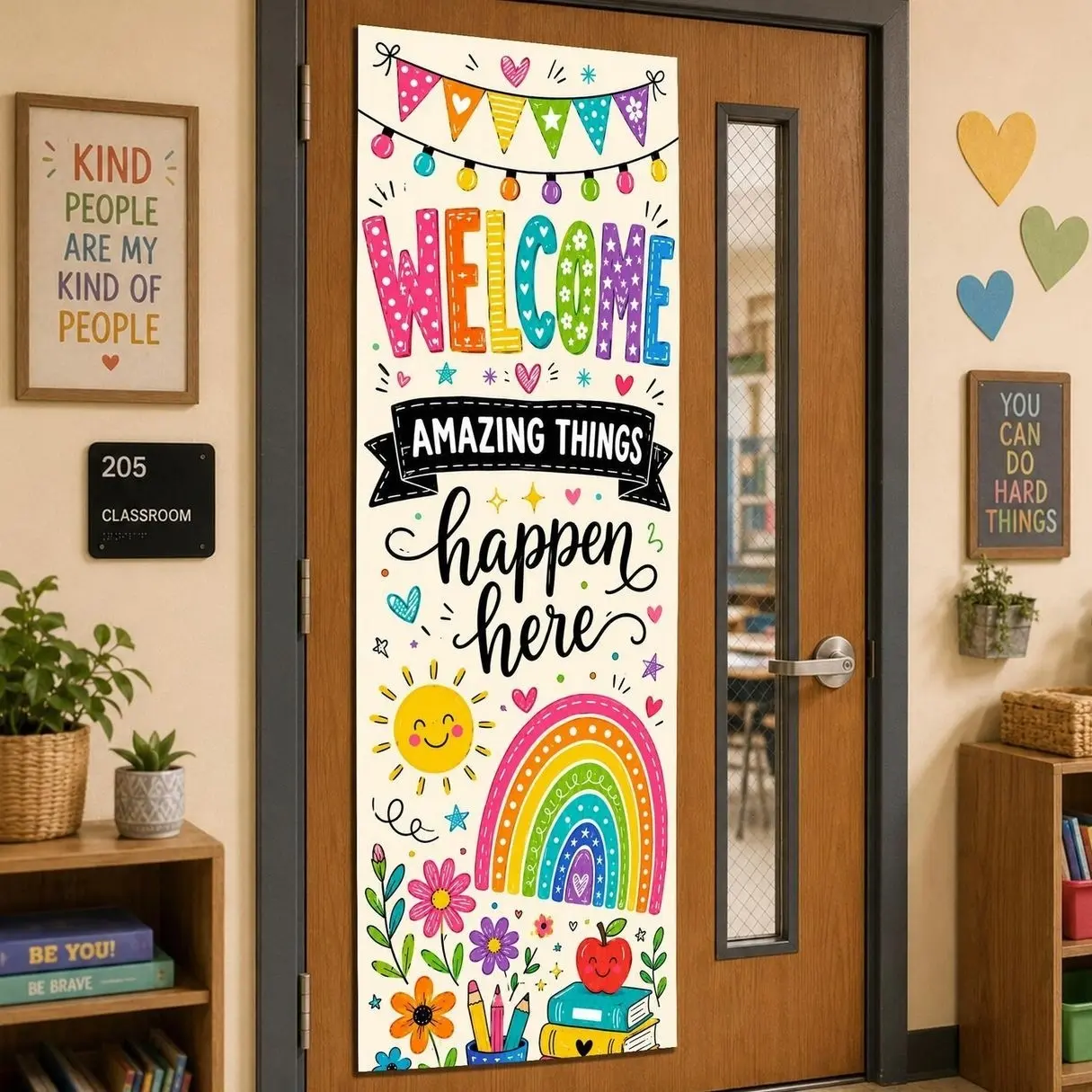 Rainbow Doodle Classroom Door Banner, Polyester Linen Teacher Tapestry, Back To School Decor