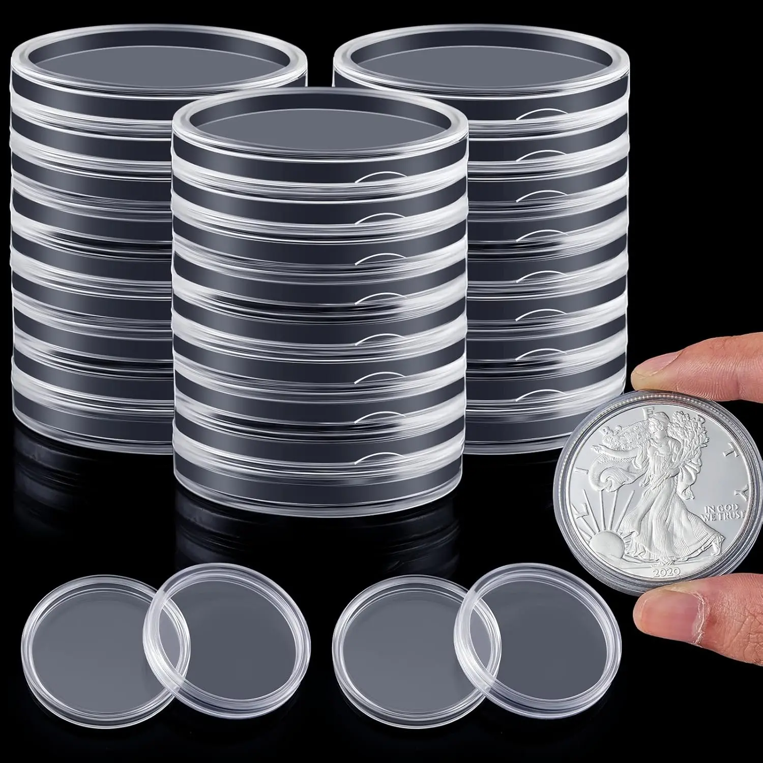 Compact Acrylic 50-Piece Protective Capsule Organiser for Coin Storage, 40.6x40.6mm Collectible Silver Coins & Silver Dollar Round Bars, Durable, Set