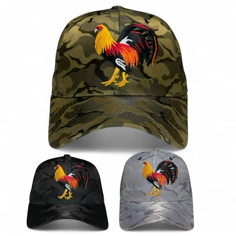Rooster Embroidered Snapback Baseball Cap Camo Adjustable Western Rodeo Hat Gorra de Gallo in Black Gray & Camo Colors