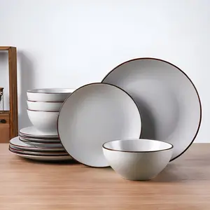 Venus Plates and Bowls Sets, 12 Pieces Stoneware Speckled Dinnerware Sets, Dishes Set for 4, Microwave and Dishwasher Safe, Matte Light Grey
