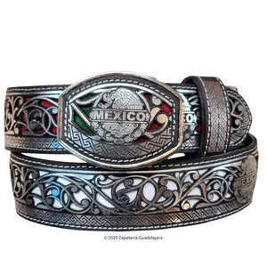 MEN'S WESTERN 2" LASER MEXICO SILVER FLAG  LEATHER BELT -M306