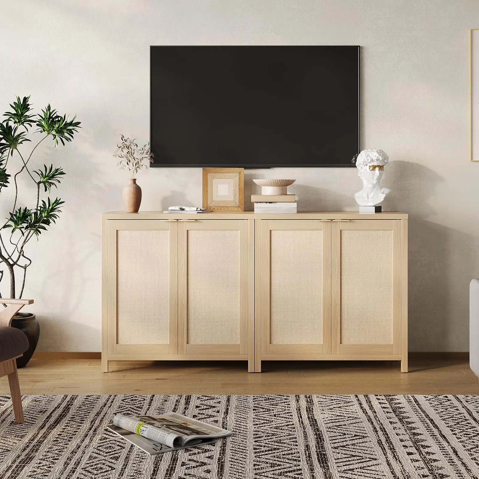 GARVEE Light Oak Rectangular Rattan Weave Kitchen Storage Cabinet - Freestanding Sideboard Buffet Coffee Bar with Doors, Adjustable Shelves, Modern Design for Living Room, Dining Room, Sideboard Buffet Cabinet, Freestanding Setup
