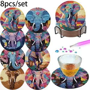 8-Piece Elephant Theme Art Decor Set, DIY Diamond Shape Wooden Coasters, Insulated and Non-Slip, Craft Gift or Home Decoration