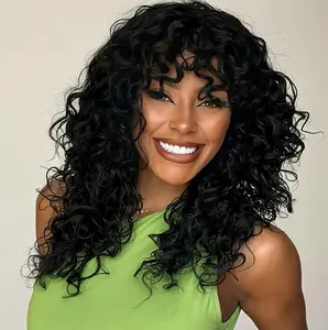 Deep Curly Human Hair Wig With Bangs Water Wave 200% Density Brazilian Remy Human Hair Wig Full Machine Made For Women Suitable For Daily Use And Major Festivals burmese  half  wig hair  topper HD Transparent Lace Front Body