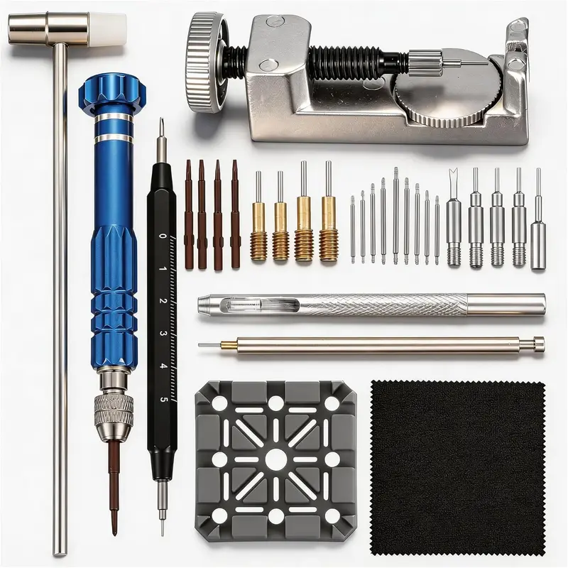 Watch Link Removal Kit - Beginner-Friendly At-Home Watch Adjustment Repair Tools, Metal-Link Removal Set with Handle, 5-in-1 Precision Screwdriver, Holder, Hammer, Scaled Spring Bar Tool, At-Home Repair