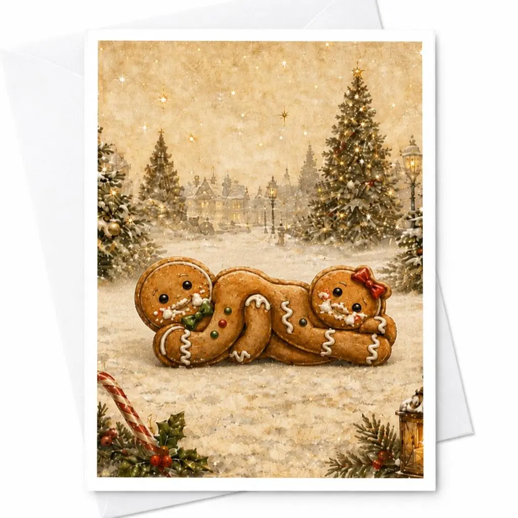 Gingerbread Couple Christmas Card Cute Holiday Greeting Card For Family Festive Winter Scene Adorable Seasonal Card C5532