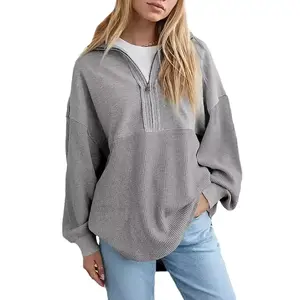 Womens Fall Sweatshirt Casual Waffle Knit Half Zip Pullover Loose Long Sleeve Tops