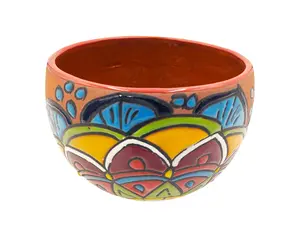 Mexican Talavera Bule Terracotta Planter Pot Hand Painted - Red Trim