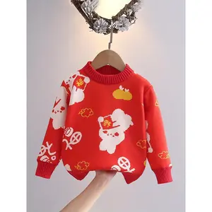 Girls' Red Cartoon Character Pullover Sweater - Cozy Long Sleeve Crew Neck with White & Yellow Accents, Soft Rayon Blend, Loose Fit for Fall/Winter, Perfect for Outdoor Play & Casual Wear, Cute Sweaters