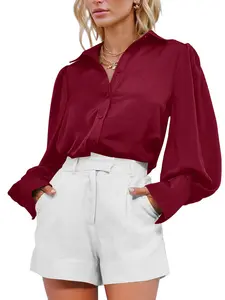 BTFBM Women's Satin Button Down Longsleeves Blouse - Loose Casual Office Work Top