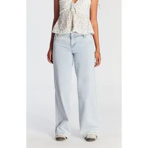 Women's Button Pocket Low Rise Baggy Jeans Light Indigo Pants Womenswear