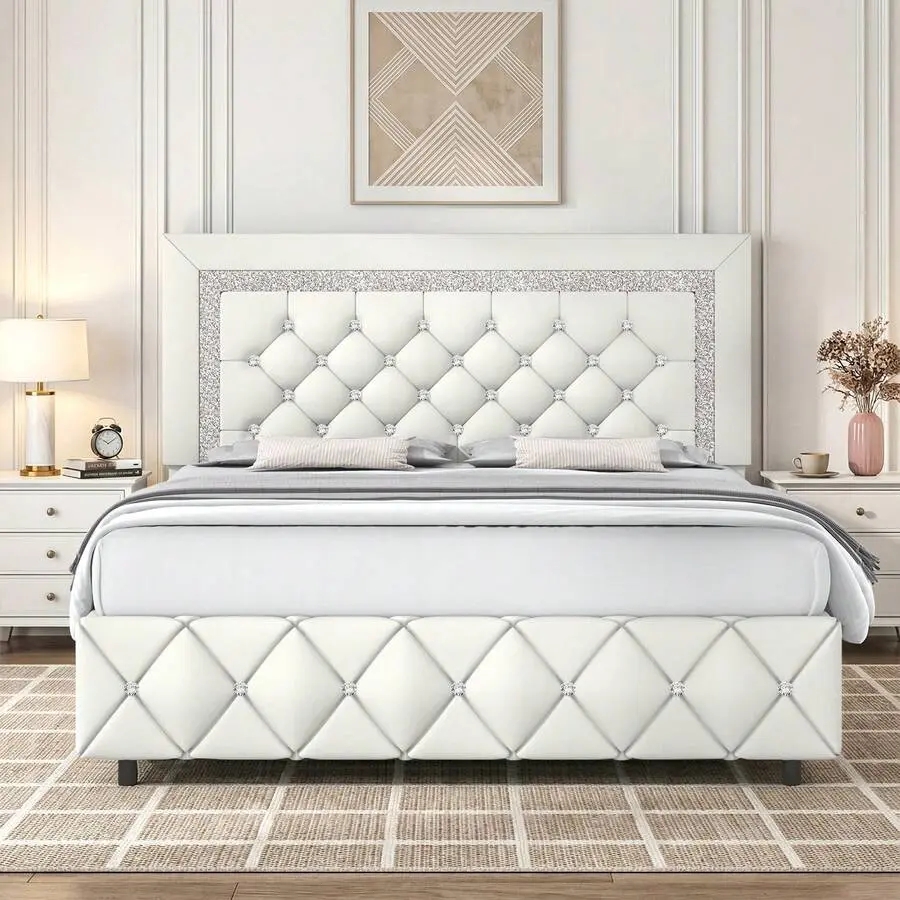 Twin/ Full/ Queen/ King Size Bed Frame, Upholstered Bed Frame With Diamond Stitched Headboard And Footboard, Available In Pearl  And