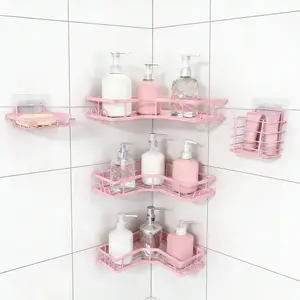 Caddy Shower Storage 5-Piece Set Self-Adhesive Stainless Steel Shelf No Drilling Rust-Resistant Large Capacity Hollow Round Design Pink Shampoo Body Wash Basket Bathroom Decor Accessories pink bathroom Rustproof Stick-On Rust-Proof Rack rust-resistant dec