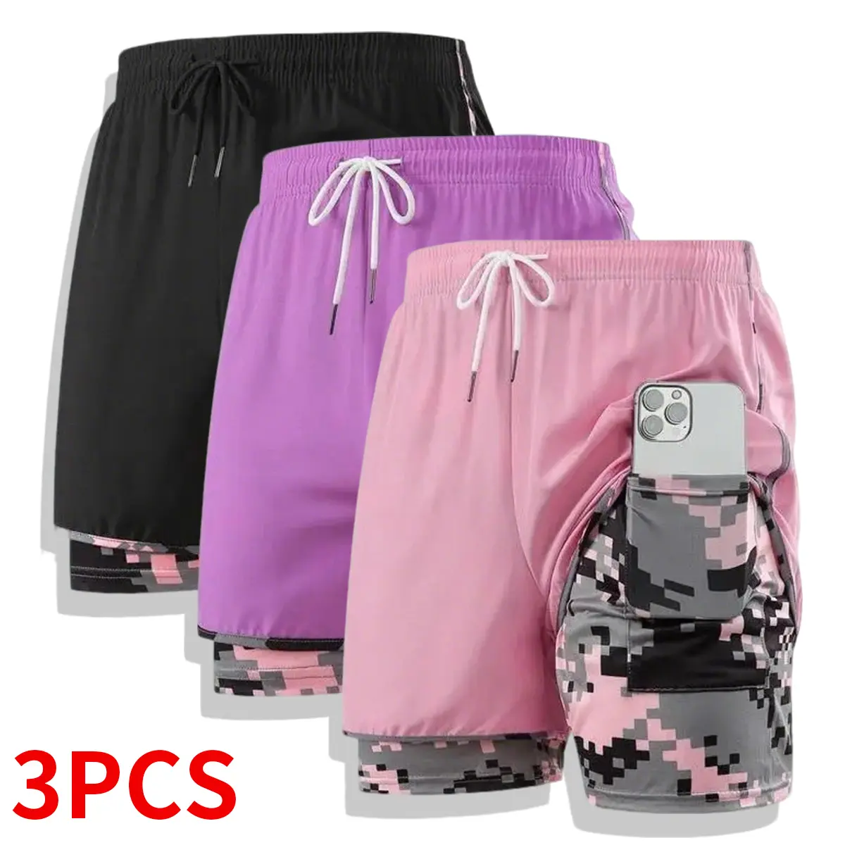 Women’s 3-Pack Double-Layer Sporty Sports Shorts, Female Athletic Bottoms with Camouflage Inner Layer for Outdoor Activities,summerwins,travel essentials,camping essentials
