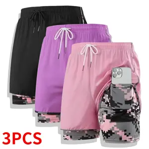 Women’s 3-Pack Double-Layer Sports Shorts, Female Athletic Bottoms with Camouflage Inner Layer outdoorfun
