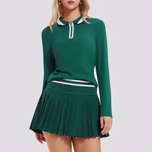 2-Piece Tennis Skirt Set with Zipper Polo Shirt – High-Waisted Golf Outfit, Athleisure Sportswear for Women
