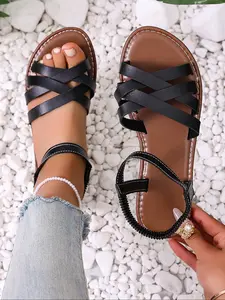 New Fashion Plus Size Casual Comfortable Lightweight Versatile Vacation Style Beach Flat Multi Strap Sandals, Women's Summer Footwear
