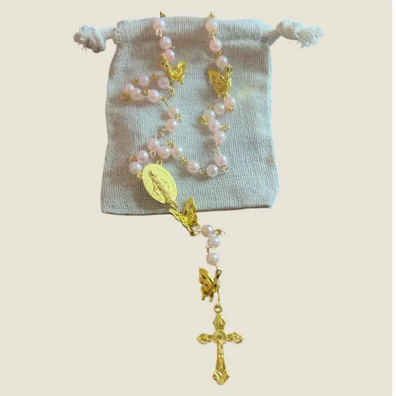 Light Pink and Gold Butterfly Rosary with Elegant Beads and Golden Cross for Spiritual Reflection