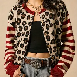 Elegant leopard print cardigan, women's sweater, spring, summer, autumn, winter casual round neck long sleeved knitted top