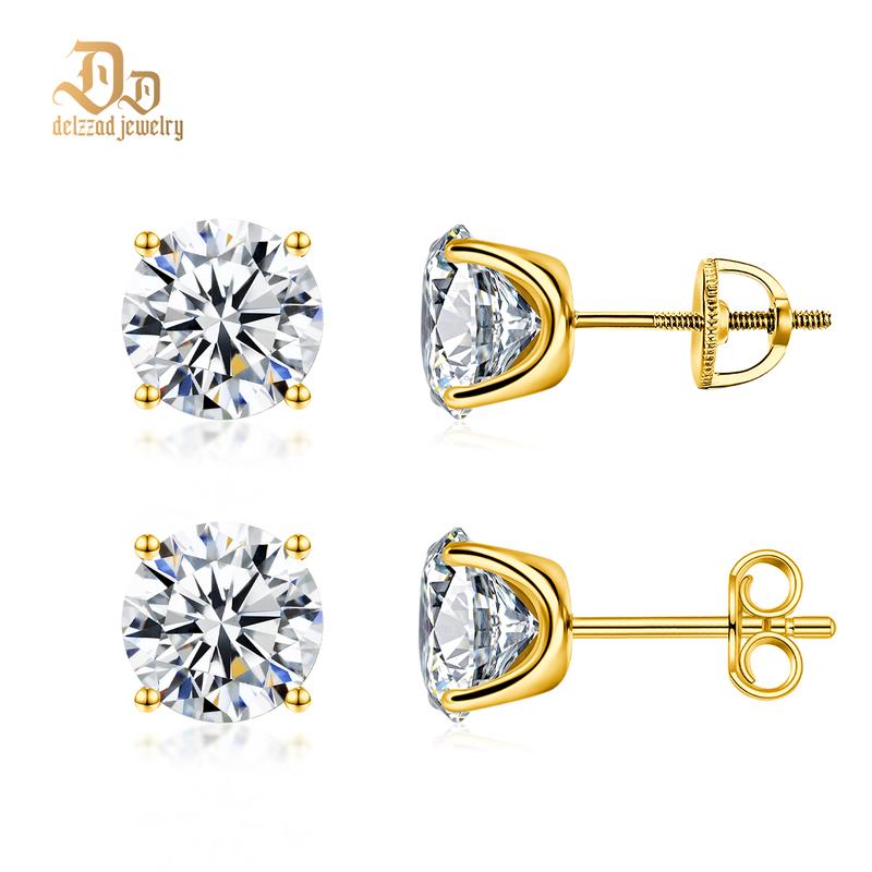 Delzzad 14k Gold-Plated Solitaire Four Prong Earrings Screw Back/Butterfly Back Lab-Created Moissanite Stud Earring S925 Sterling Silver Moissanite Jewelry Perfect Birthday Mother’s Day Christmas Gift for Men Women Wedding Set