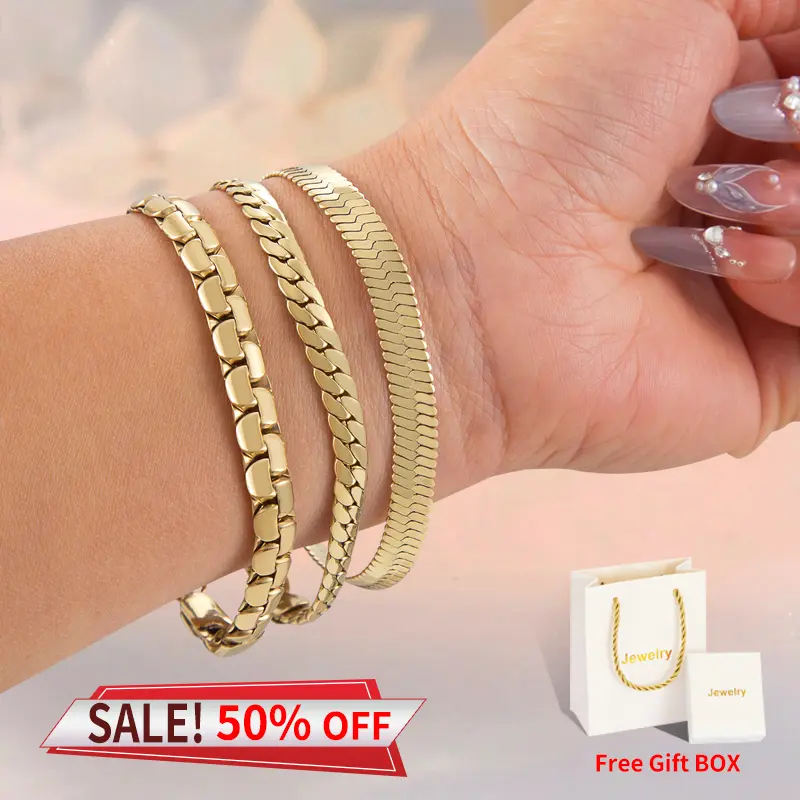 Three-piece 14K gold-plated bracelet set  Cuban link chain Vintage Feel Stainless Steel Anti-Rust Technology Waterproof Sweatproof Perfect Christmas Gift for men and women Jewelry，Personalized Modern Jewelry 7.5/8.5 inches length Gift box packaging