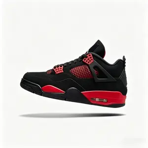 Men Women Trendy Black Red Retro Mid Top Sneakers, Iconic 4 Silhouette Streetwear Shoes, Breathable Suede Upper Cushioned Sole for Versatile Daily Wear