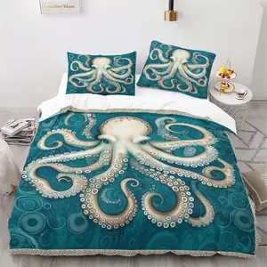 3pcs Duvet Cover Set, Fantasy Blue Octopus Print, King Queen Style Bedding, Polyester, Bedroom Guest Room Decor