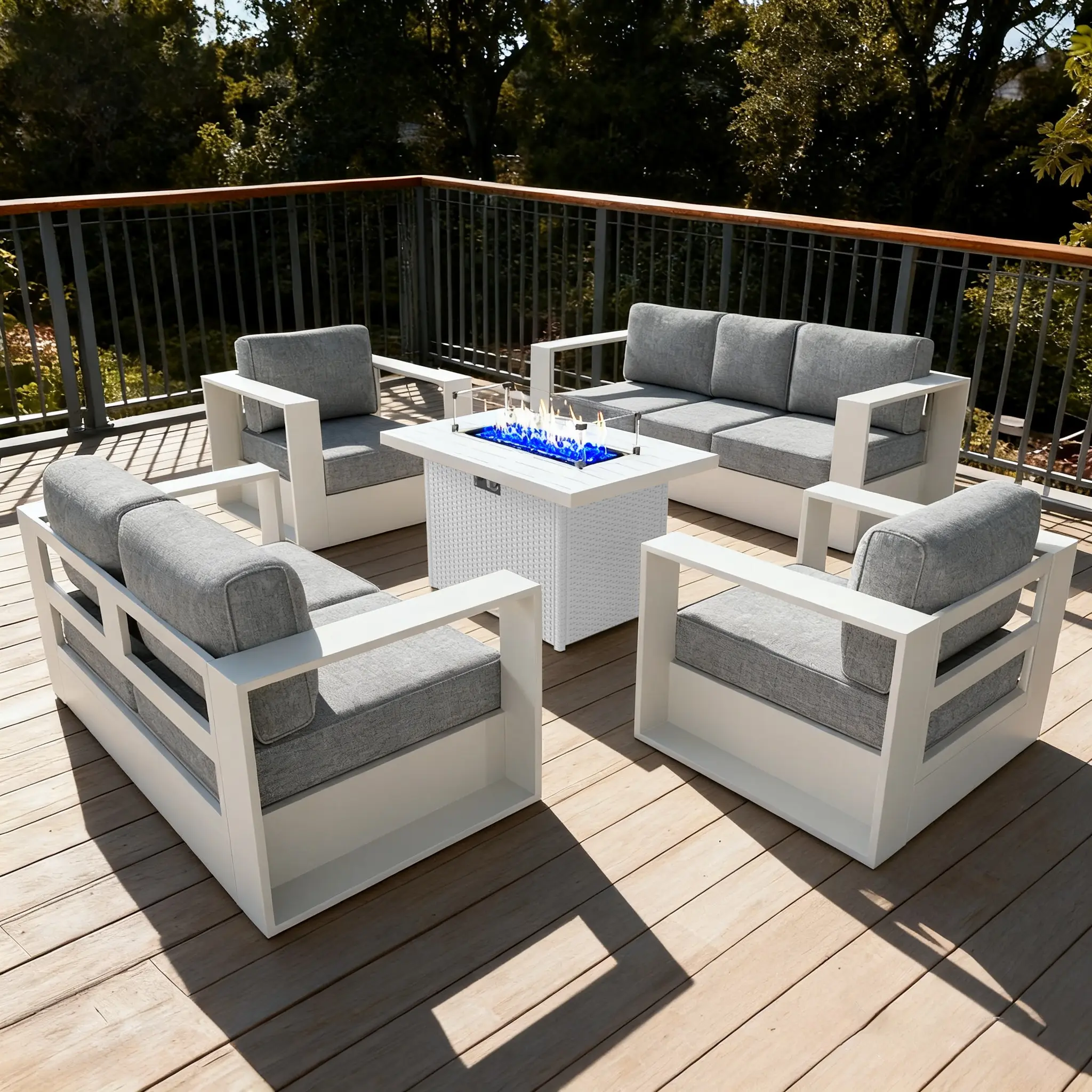 【4/5 Packages Shipping】LayinSun Oversized Aluminum Outdoor Furniture Set, Patio Sofa Sets with 44 inchs Fire Pit Table, Deep Seating and Upgraded 6-inch Cushions for Porch, Balcony, Deck