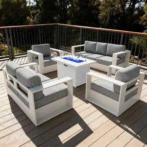 【4/5 Packages Shipping】LayinSun Oversized Aluminum Outdoor Furniture Set, Patio Sofa Sets with 44 inchs Fire Pit Table, Deep Seating and Upgraded 6-inch Cushions for Porch, Balcony, Deck