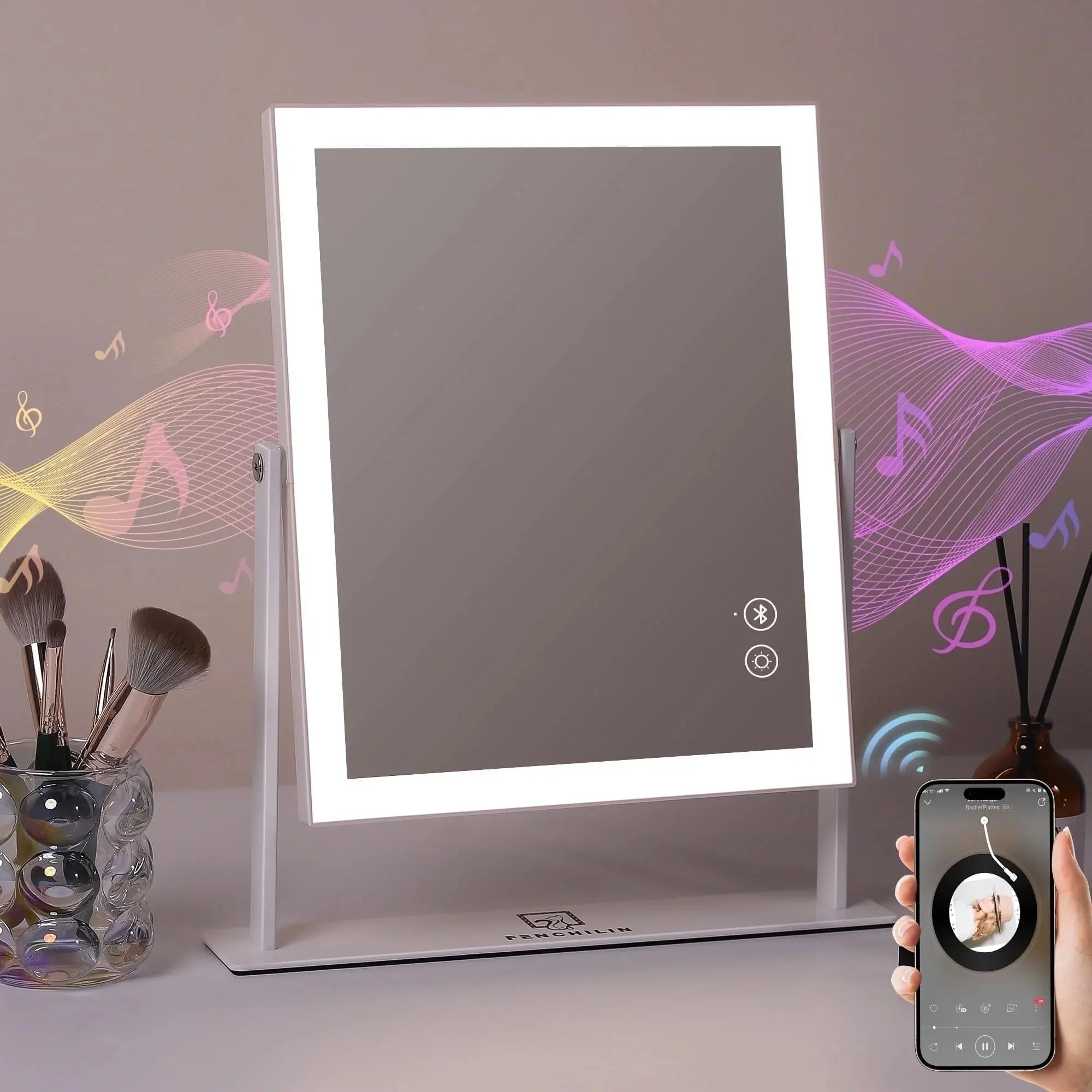 Fenchilin 12"x14" Lighted Bluetooth Metal Tabletop Vanity Makeup Mirror, White Home Decor Mirror for Bedroom Vanity Use