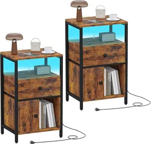Night Stand Set 2 LED Nightstands with Drawer, Side Table for Home Decor and Storage