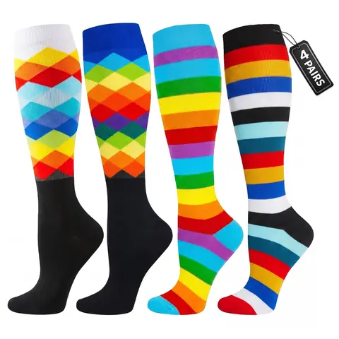 4 Pairs Compression Socks for Men & Women, 15–20 mmHg Below-Knee Support Socks with Arch Support for Work, Travel, Walking, Office, Nursing & Daily Comfort