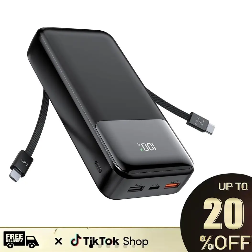 20000mAh Power Bank-,Built-in USB-C(22.5W) and iOS(20W) Output Cables for iPhone 16/15/iPad/Samsung/MAC/Headphones/iWatch Portable Charger