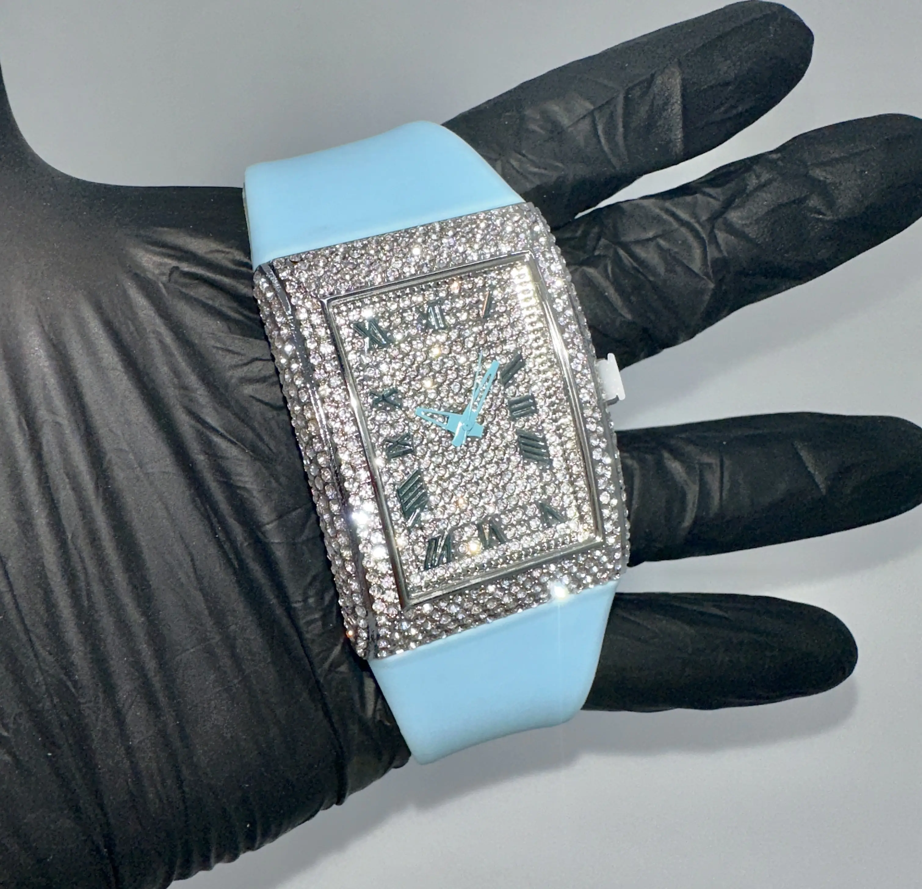 Men's 40mm Iced-Out Rectangular Roman Numeral Rubber Strap Hiphop Luxury Watch