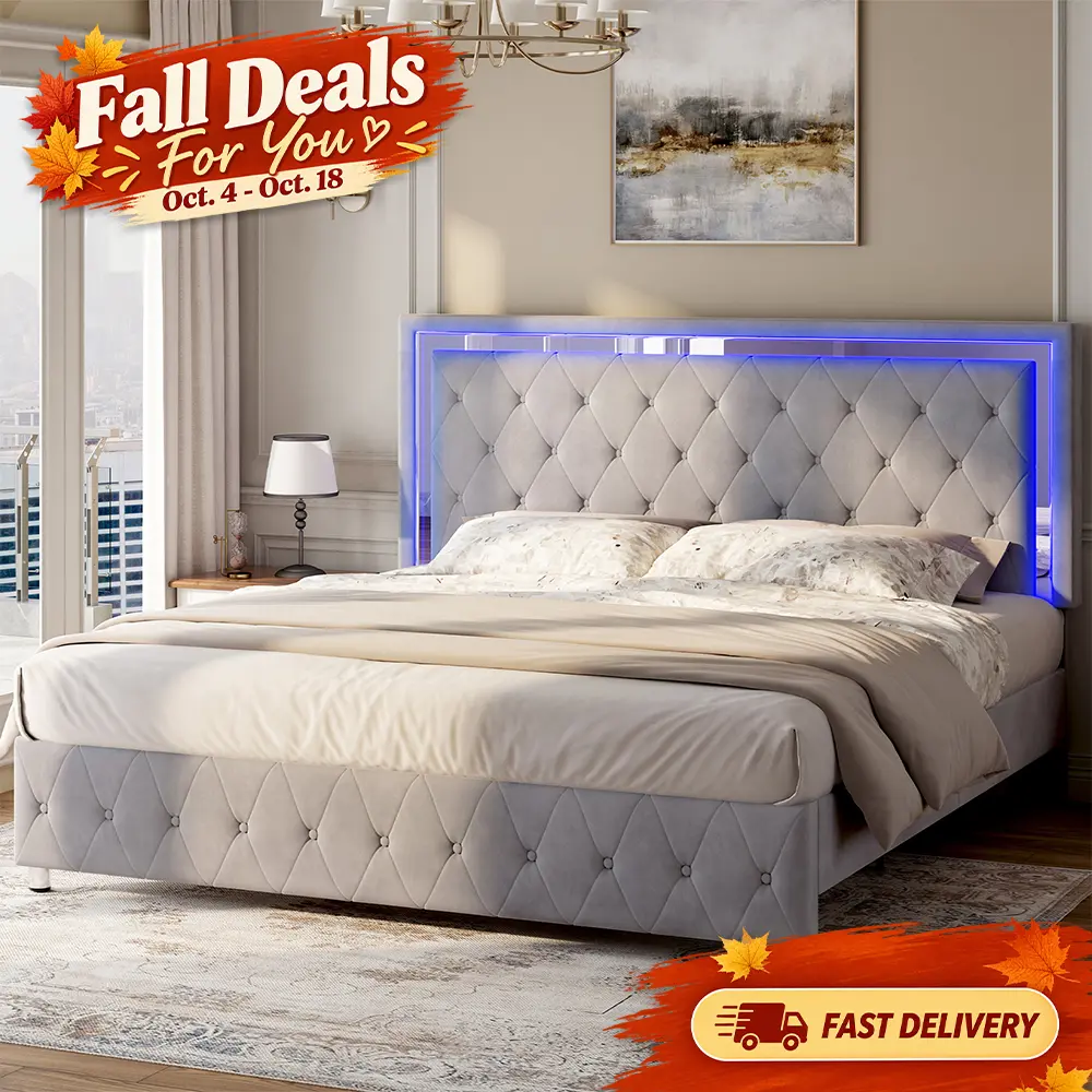 ALBOTT Velvet Upholstered Sturdy Bed Frame with RGB LEDs Headboard & Footboard, No Box Spring Needed, Twin/Full/Queen Size Bed Frames, Bedroom Furniture Decor [TikTokShopFallDealsForYou], Headboard And Footboard