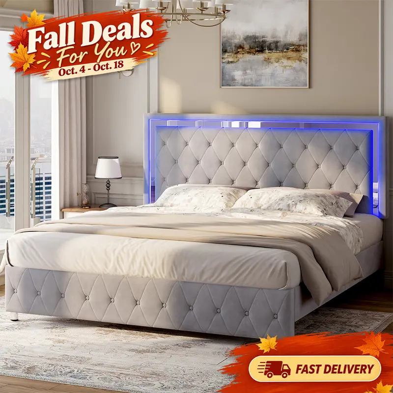 ALBOTT Velvet Upholstered Sturdy Bed Frame with RGB LEDs Headboard & Footboard, No Box Spring Needed, Twin/Full/Queen Size Bed Frames, Bedroom Furniture Decor [TikTokShopFallDealsForYou], Headboard And Footboard