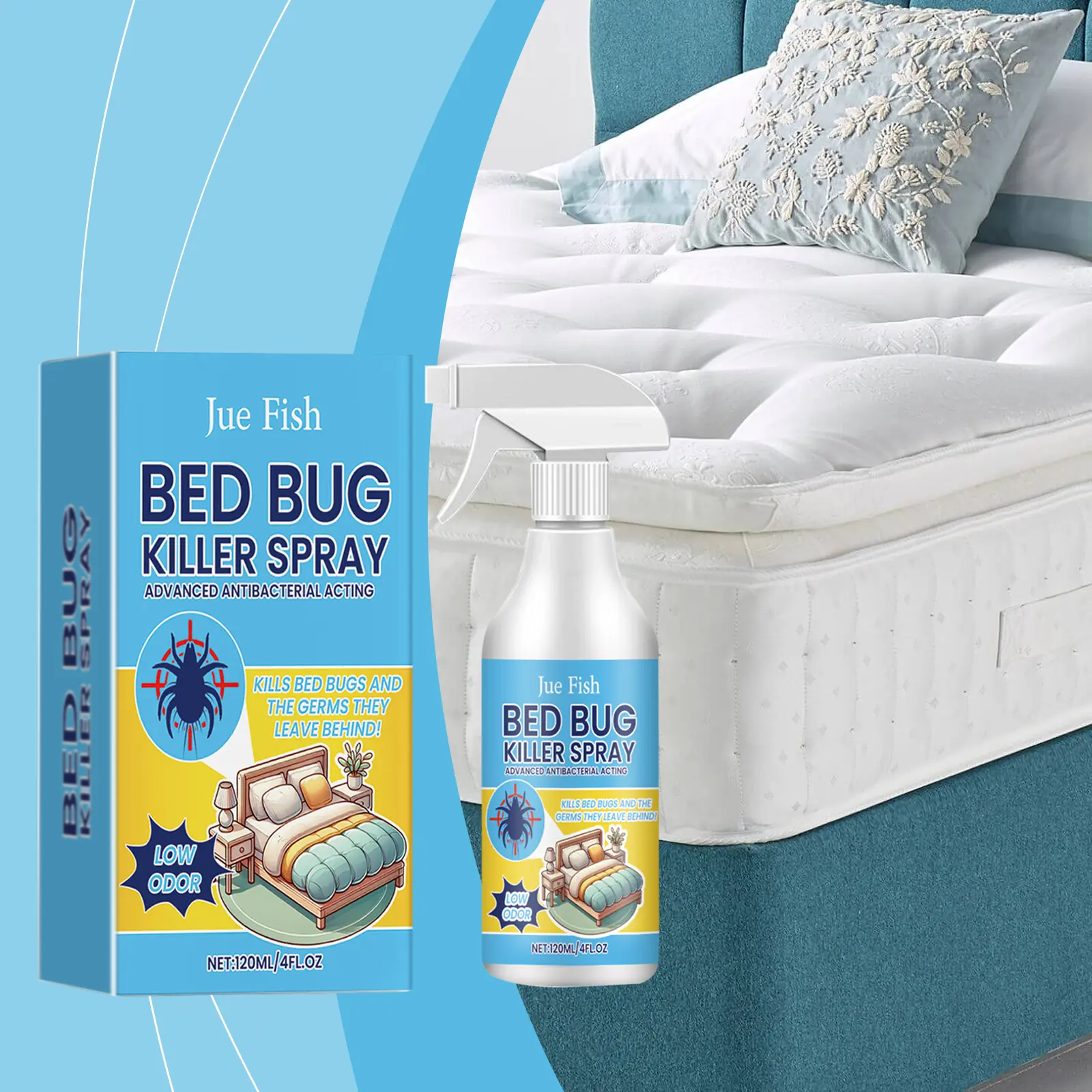 Multi-Purpose Jue-Fish Bug Spray, Effective Protection Against Bed Bugs, Lice and Mites for Indoor Bedroom and Dormitory Use
