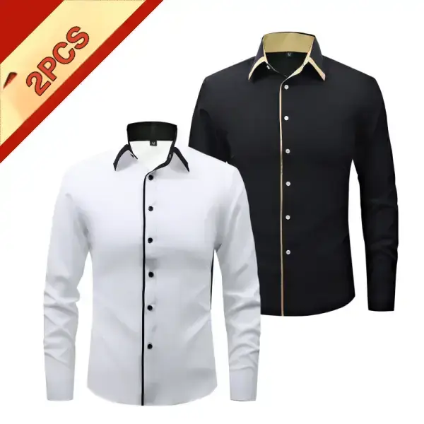 Men’s light luxury business long sleeve shirt featuring contrast piping at the collar and placket, crafted from a smooth, drapey fabric. A versatile slim fit two piece top suitable for everyday wear, casual outings, and gatherings.