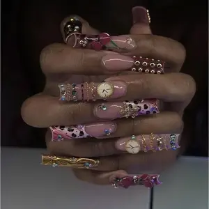 J50 Nailed by Vibe -Rose Timepiece Press-On Nails, Soft Blush Nude Base with Gold Watch & Jewelry Details, Quiet Luxury Old Money Aesthetic, Modern Chic Handmade Statement Nails, Gift for Her