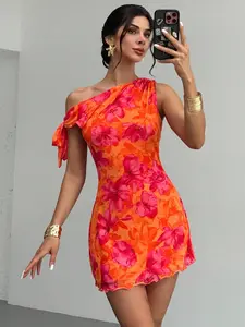 Women's Orange Red Floral Mesh Mini Dress,Summer,Girly,Holiday,Vacation Asymmetric One Shoulder Elegant Beach Outfit,Hawaii Date Party Prom Dress