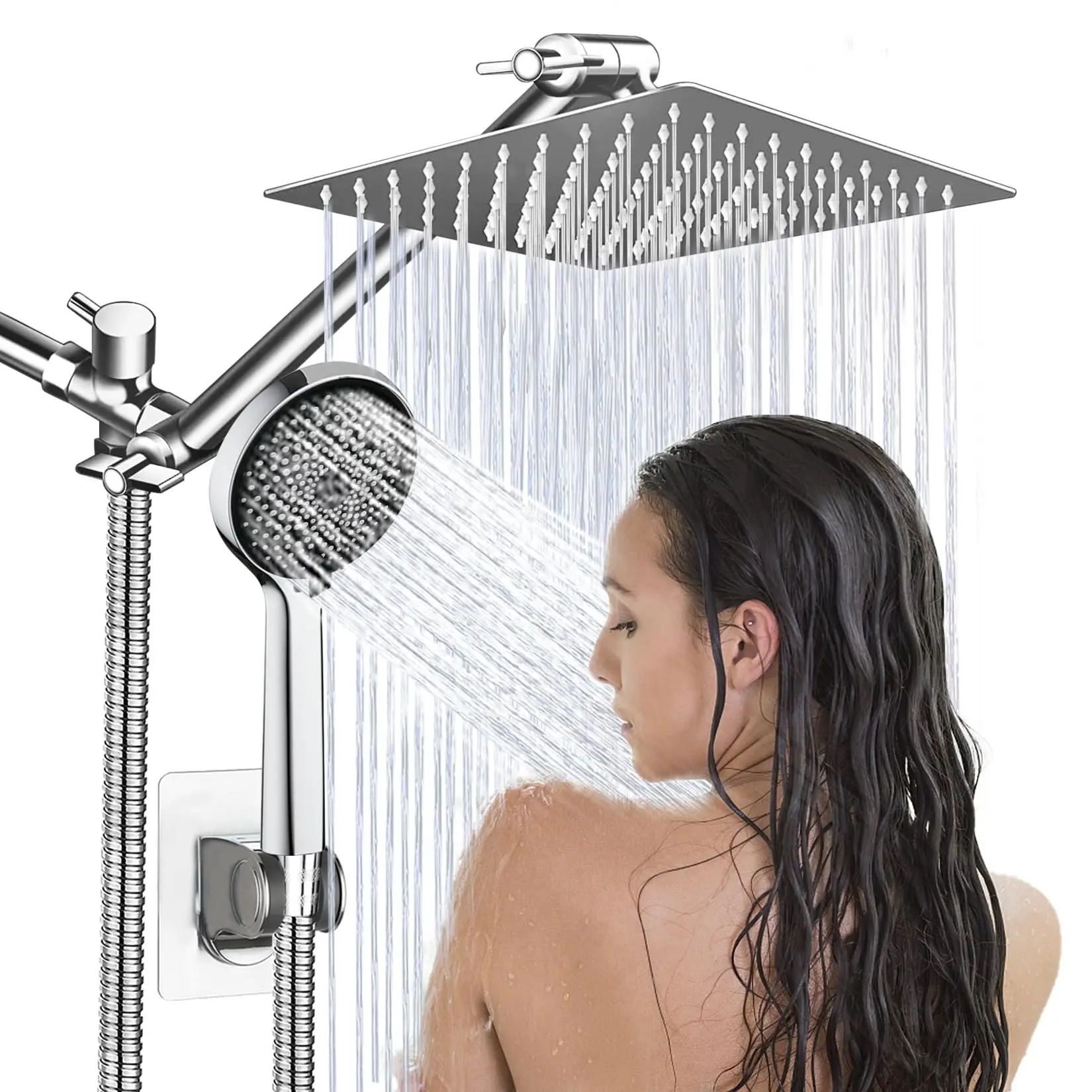 Fshibila Chrome High-Pressure 8-in Rain Shower Head with Handheld Spray Combo, 11-in Angle-Adjustable Stainless Steel Extension Arm, Flow Regulator Bathroom Shower System for Cleaning, Extension Reach Fixed Showerheads