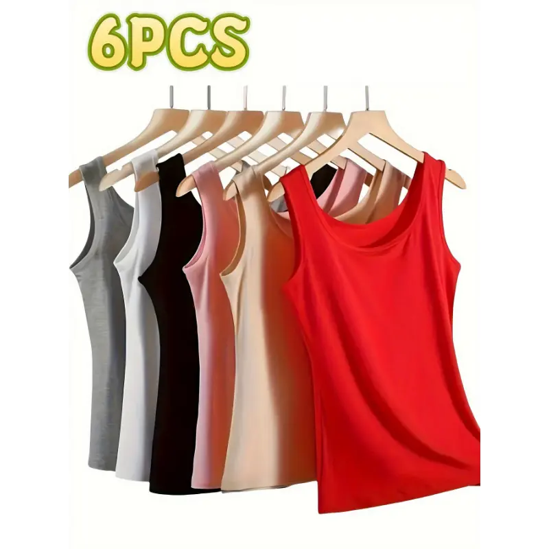 6-Pack Women's Sleeveless Camisole Blouses - Solid Color Round Neck Tunic Tops, Breathable All-Season Layering Essentials, Multi-Color Options (Black, White, Grey, Pink, Navy, Red) | Hand Washable & Comfortable Loungewear, Layering Shirts f