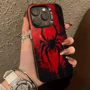 A black electroplated anti-drop phone case with a spider pattern on a red background, suitable for iPhone 17 Air/16 Plus/15 Pro Max/14 Pro/13/12/11/XS Max/X phone case, perfect choice for Halloween gifts for family, friends, lovers, or boyfriends CY103