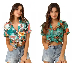 Allegra K Women's Hawaiian Floral Leaves Printed Short Sleeve Button Down Vintage Shirt 2 Pcs White/Black X-Small