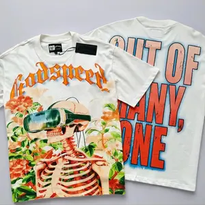 Godspeed Soft Menswear Skull Prints Vintage Streetwear Short-Sleeve T-Shirt Loose Oversized Casual Fabric Unisex Sports & Outdoor Graphic Top Men Hip Hop 4th of July Trendy Summer Streetwear Tee