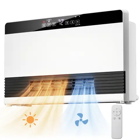 R.W.FLAME 2-in-1 Wall Mounted PTC Electric Heater and Fan - 1300W Power Fast Heating, Adjustable Temperature, Digital Control, 3 Heat/Fan/ECO Settings, Remote Control, 12H Timer, Overheat Guard for Bedroom