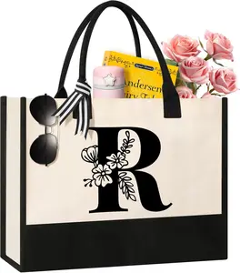 Personalized Initial Canvas Tote Bag, Suitable for Birthday, Wedding, Beach, Holiday, Gifts for Women, Mom, Teachers, ,  Friends, Bridesmaids (R)